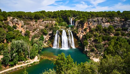 Scenic waterfall cascading into a turquoise pool, surrounded by lush greenery and rocky hills