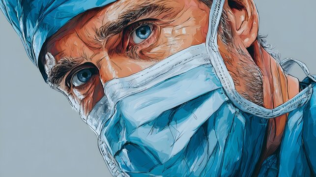 Digital art portrait of a male surgeon in blue scrubs, mask and cap, detailed illustration, expressive eyes, clean background, medical concept artwork