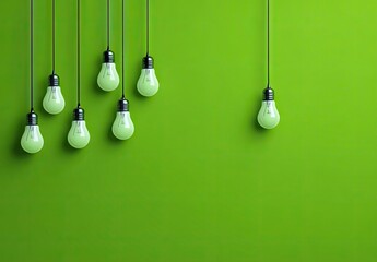 Green wall with hanging light bulbs, creative idea.