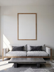 A cozy, minimalist living room with large windows letting in natural light, featuring neutral tones, plants, and wooden furniture