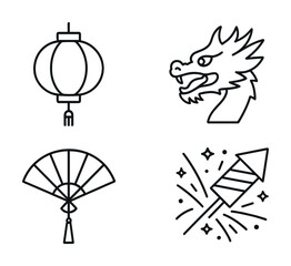 Chinese festival symbols: lantern, dragon, fan, fireworks in line art