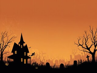 Spooky Halloween Night Haunted House Cemetery Scene.