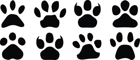 Animal paw print silhouettes, dog paw icon, cat paw symbol, vector footprint set, pet track design, black paw illustration