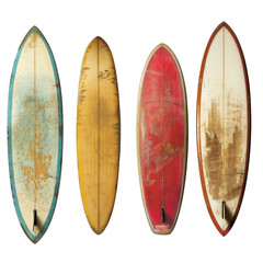 Vintage surfboards displayed in a coastal setting showcasing unique colors and designs during sunny daylight hours