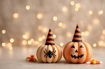 Adorable Halloween pumpkins wearing striped hats with candy corn and bokeh background.