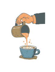 Hand Pouring Coffee Into Cup with Creamy Swirls and Foam Design