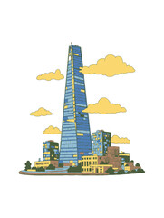 Illustrative Modern Skyscraper Surrounded by Colorful Buildings