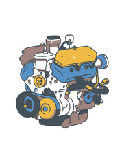 Illustration of a Colorful Car Engine with Detailed Components
