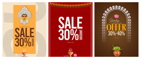 Durga Puja Sale. offer a set of ads. And. Durga Puja Offer Banner. Durga Puja Sale Poster set