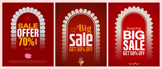 Durga Puja Sale. offer a set of ads. And. Durga Puja Offer Banner. Durga Puja Sale Poster set