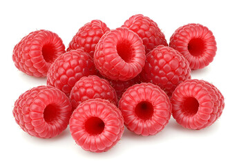 A tempting pile of ruby-red raspberries, a vibrant display of natural sweetness, perfect for a healthy and delicious snack on a bright white backdrop.