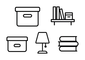 Simple line icons of box, bookshelf, lamp, books for home organization
