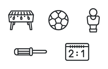 Sports icons set: soccer ball, scoreboard, foosball table, player, screwdriver