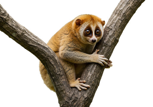 A captivating close-up of a slow loris clinging to a tree branch, its wide eyes staring into the camera, creating an intriguing and endearing connection.