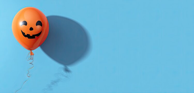 Halloween party decoration an orange balloon with a spooky Jack o lantern face floating on a bright blue background with copy space.