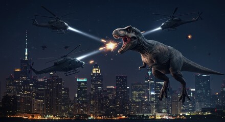 A colossal tyrannosaurus rex confronts military helicopters above a nighttime cityscape.