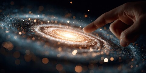 A human hand touching a luminous spiral galaxy in the vast cosmos.