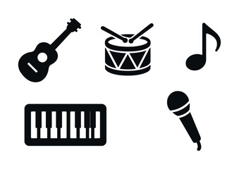 Obraz premium Musical instrument icons: guitar, drums, note, keyboard, microphone