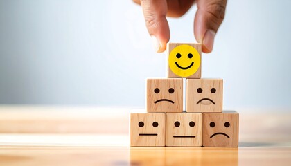 Wooden blocks with faces representing customer feedback