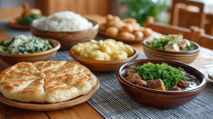 A delicious spread of diverse dishes including rice, bread, and vegetables on a wooden table. Diversity And Inclusion