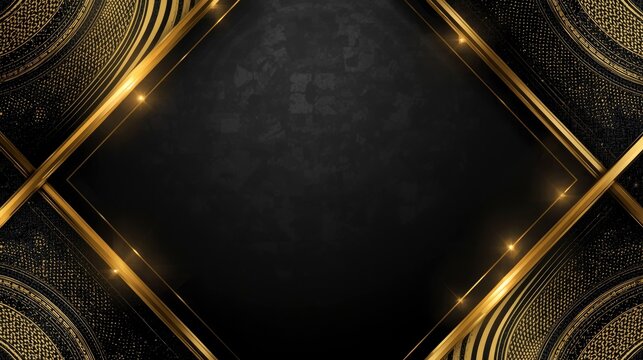 Luxurious Black and Gold Geometric Background with Glowing Lines and Ornate Details