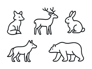 Outline drawings of forest animals including deer, rabbit, fox, wolf, and bear