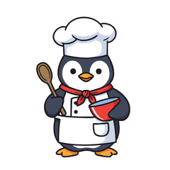 A cute penguin chef wearing a tall white toque and an apron proudly holds a wooden spoon and mixing bowl, depicted in a vibrant 2D flat vector illustration with clean outlines on a white background.