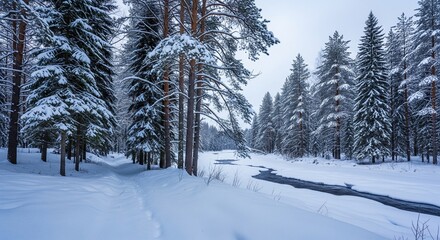 Obraz premium Tranquil winter wonderland scene with snow-covered trees and a flowing stream.