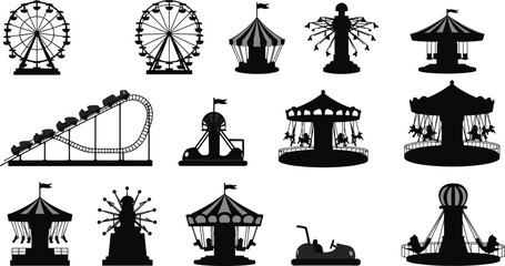 Amusement park silhouettes with Ferris wheels, roller coasters, bumper cars, swing rides, carousels, and carnival tents for design projects.