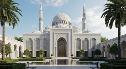 Fototapeta premium Magnificent White Mosque with Reflective Pool and Lush Green Landscaping