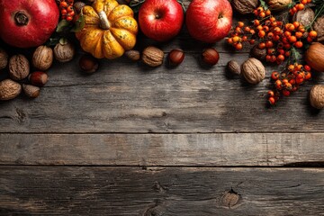 Autumn harvest border with fresh fruits and nuts on a rustic wooden background.