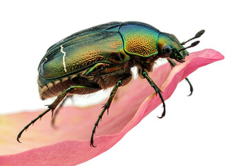 Fototapeta premium Detailed closeup of a beautiful iridescent beetle resting delicately on a soft pink petal, highlighting the insect's intricate textures and colors, isolated against white.