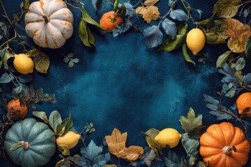 Autumnal Harvest Frame with Pumpkins Lemons and Leaves on a Dark Blue Background.