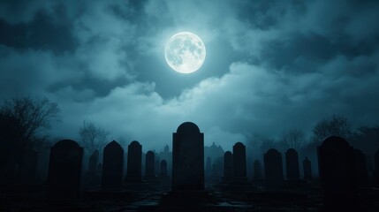 Eerie Graveyard Under a Full Moon with Misty Clouds and Silhouetted Tombstones at Night