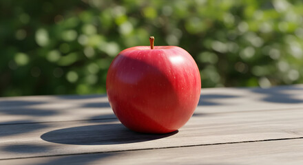 Red Apple on Wooden Surface with Sunlit Backdrop