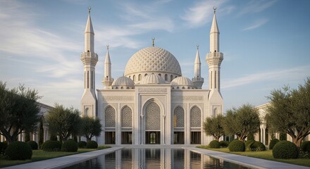 Obraz premium Elegant White Mosque with Reflections on Water, a Peaceful Scene