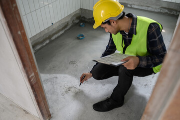 Obraz na płótnie Canvas Engineer or inspector using blueprint check sheet examining cracked concrete floor during house construction. Quality control, building inspection, structural defect, real estate maintenance concept.