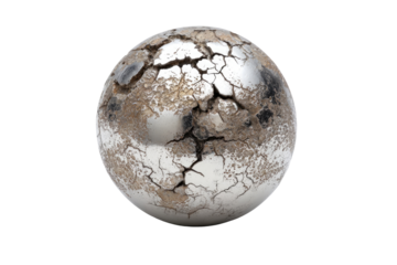 A metallic sphere, cracked and dried, like a desiccated planet.  The sphere shows extensive, deep fissures, resembling a cracked earth.  A muted, light beige/tan dust or soil covers the surface