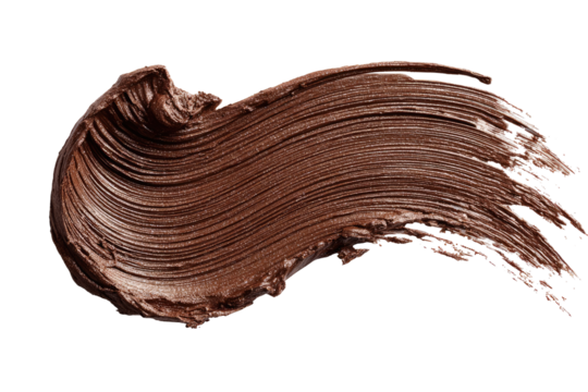 A swirled, dark brown cosmetic smear.  A textured,  glossy,  makeup application, isolated against black
