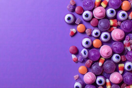 Spooky and sweet Halloween candy border with eyeballs and candy corn on a vibrant purple background with copy space.