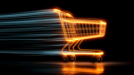 Abstract motion-lit shopping cart streaking through dark space, concept of fast commerce. AI generated
