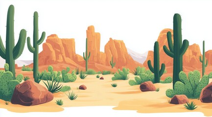 Vector illustration of a desert landscape with cacti, rocks, and shrubs, in a vector art style with hand-drawn details.