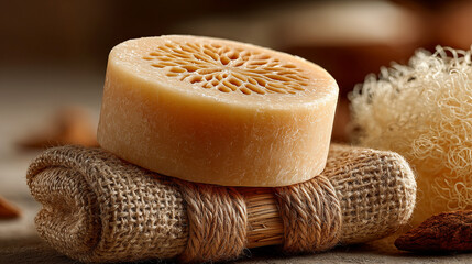 Natural round soap bars on textured cloth, rustic bath and skincare scene. AI generated