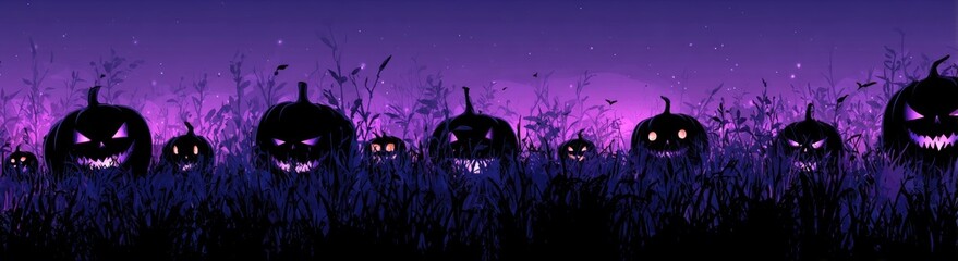 Panoramic Halloween banner of spooky jack-o-lanterns in a field at night with a purple sky.