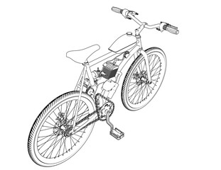 Classic Custom Motorized Bicycle Blueprint: Detailed Side View Line Art Illustration with Engine, Fuel Tank, Drive Chain. Monochrome Technical Drawing for Transportation and Industrial Engineering