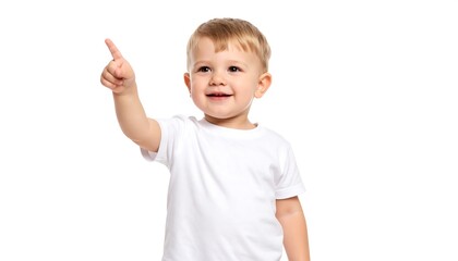 A toddler in a white shirt points upward