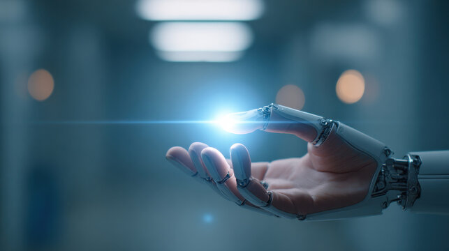 Futuristic robotic hand technology ai diagnosis cybernetic glowing light innovation precision touch. Futuristic robotic hand with glowing light