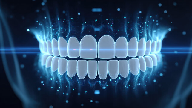Futuristic dentistry digital teeth holographic smile dental scanner blue glow 3d render oral health technology innovation with calm vibe