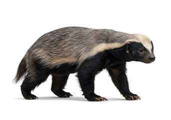 Fototapeta premium Isolated honey badger walking on white background showing its distinct coloration, creating a striking contrast between its dark body and lighter back.