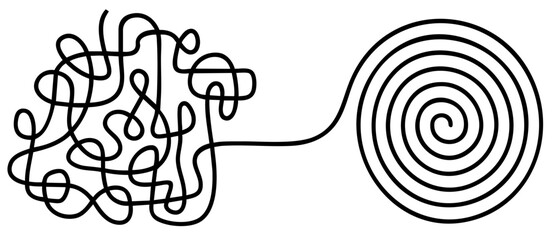 tangled chaotic lines transforming into an ordered spiral, process of therapy, mindfulness, problem solving, stress management, clarity, organization, and personal growth in psychology and coaching